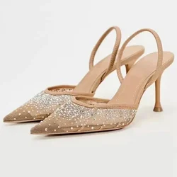 Luxury Brand Shiny Rhinestone Design Mesh High Heels Women Summer Elegant Open Heel Pointed Toe Sandals Thine Heel Mules Pumps