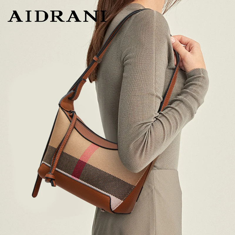 Aidrani 2024 Women's fashion bag  genuine leather check shoulder bag new pattern canvas cowhide crossbody bag