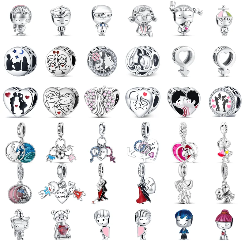 

925 Sterling Silver Boy Girl Couple Forever Love Heart Sparkling Pendant Fine Beads Fit Original Pandora Charms Bracelet Jewelry