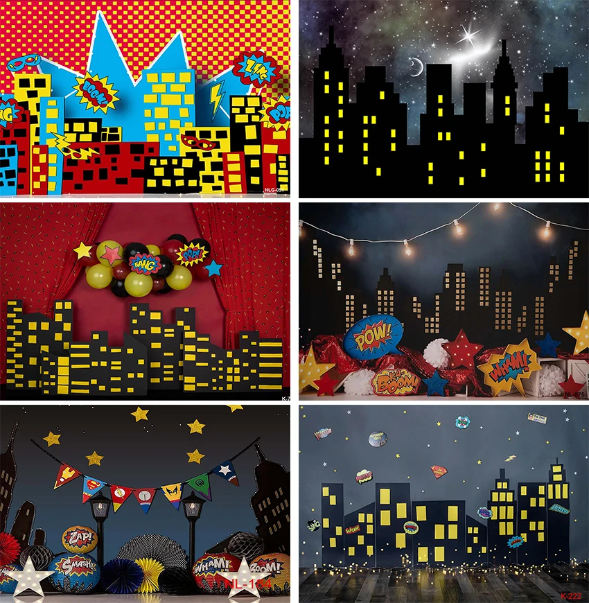 

City Building Night Superhero Birthday Moon Baby Party Photo Backdrop Photographic Background Photocall for Photo Studio