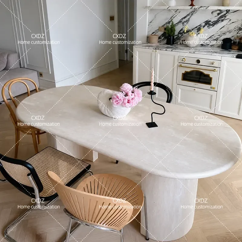 Ivory White Travertine Dining Table Minimalist Style for Villa Hotel Simple Model Room Furniture