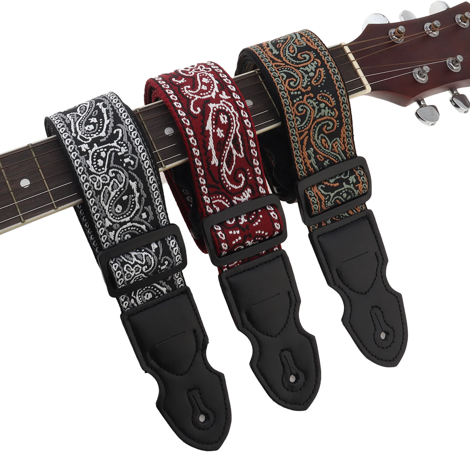 Embroidered Style PU Leather Ends Guitar Strap Adjustable Acoustic Electric Guitar Bass Strap with Pick Slot