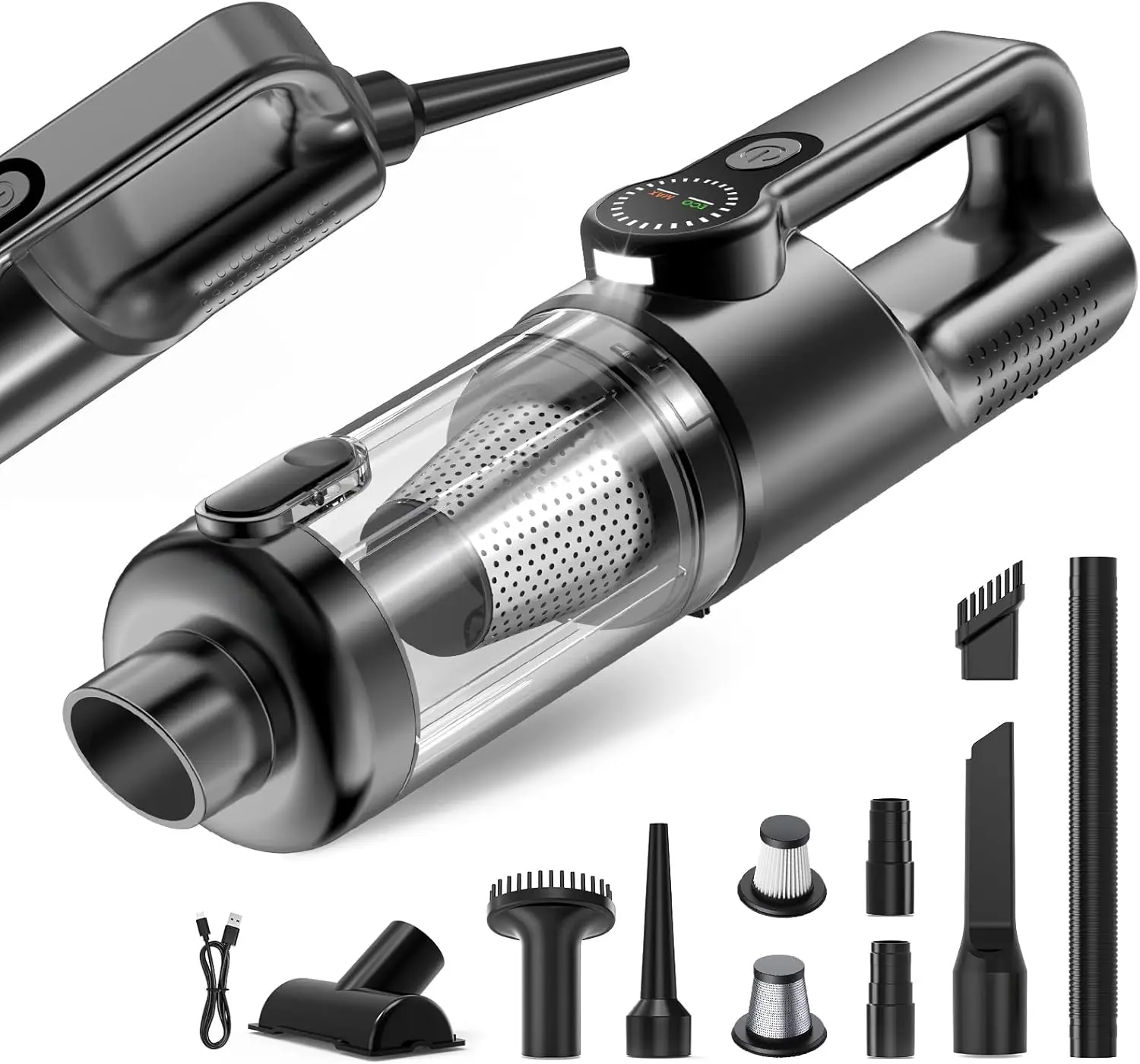 

Portable Car Vacuum 19000 Pa Cordless 4-in-1 Handheld with LED Light & Multi-Nozzles, Black