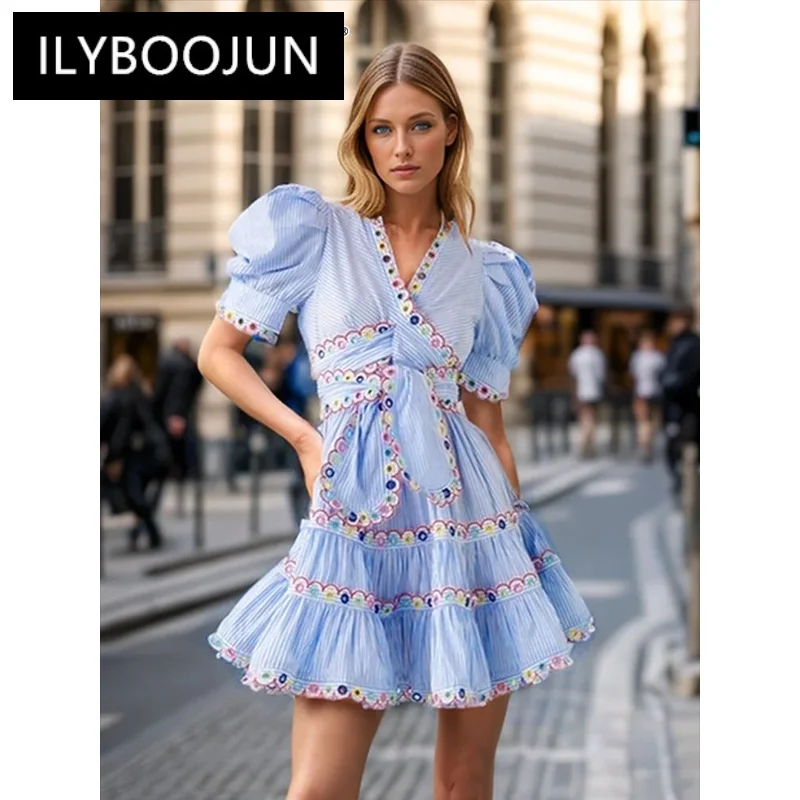 

ILYBOOJUN Colorblock Casual Striped Spliced Lace Up Dress For Women V Neck Short Sleeve Embroidery Dresses Female Clothing