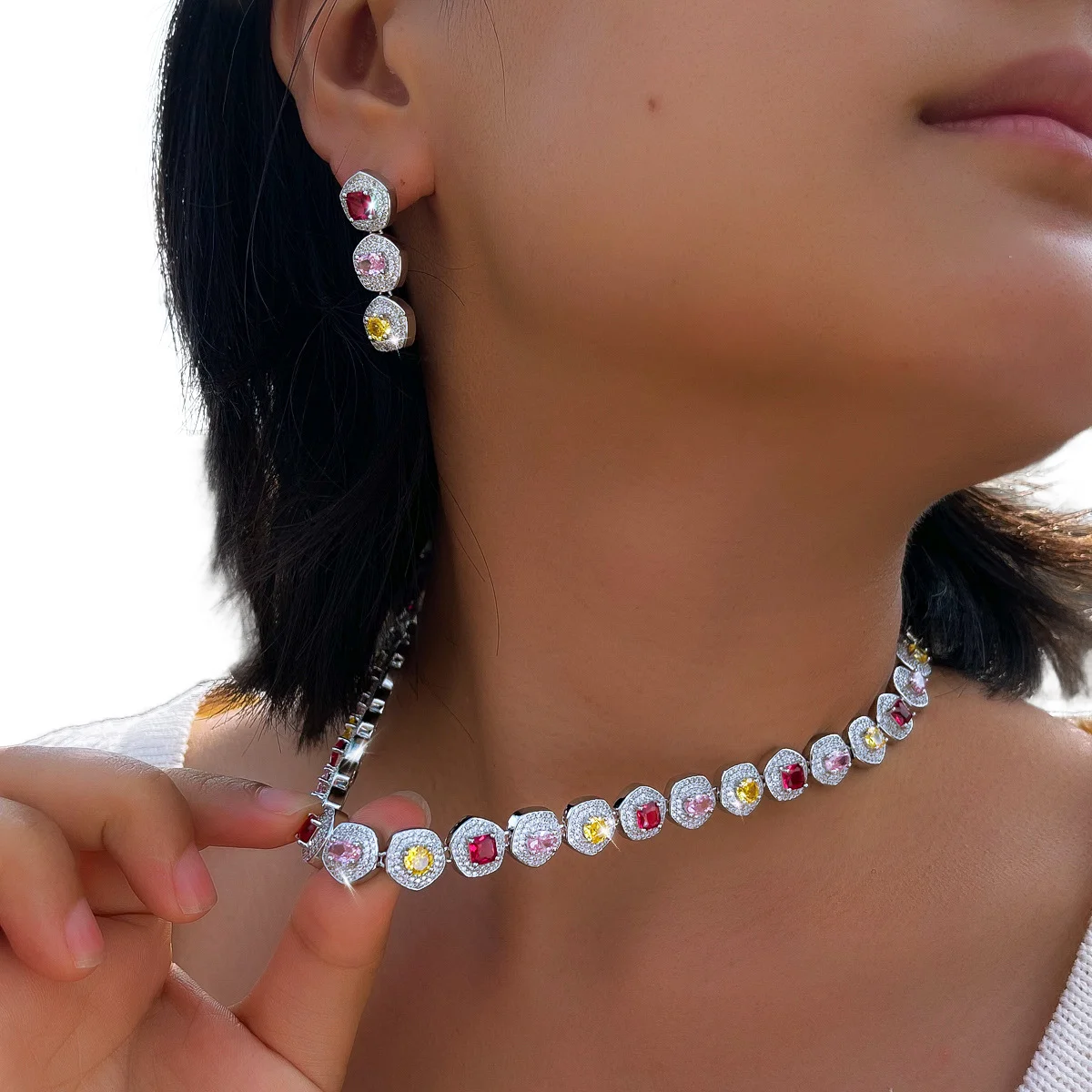 

2026 Women Colorful Cubic Zirconia Necklace Earrings Set Light Luxury Exquisite Craft Fashion Jewelry for Party Dating Accessory