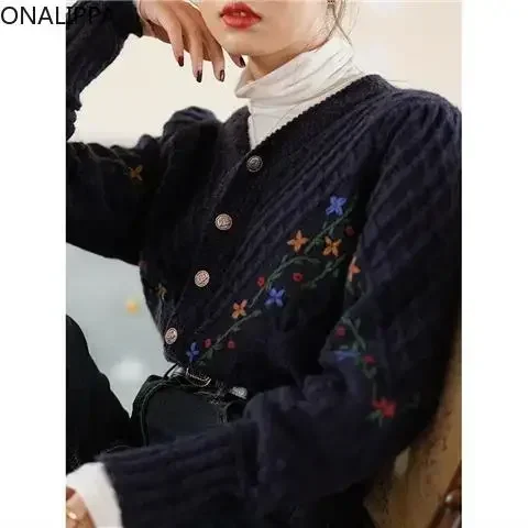 Onalippa Vintage Embroidery Hook Flower Knitted Cardigan V Neck Slouchy Style Puff Long Sleeves Cardigans French Chic Sweater