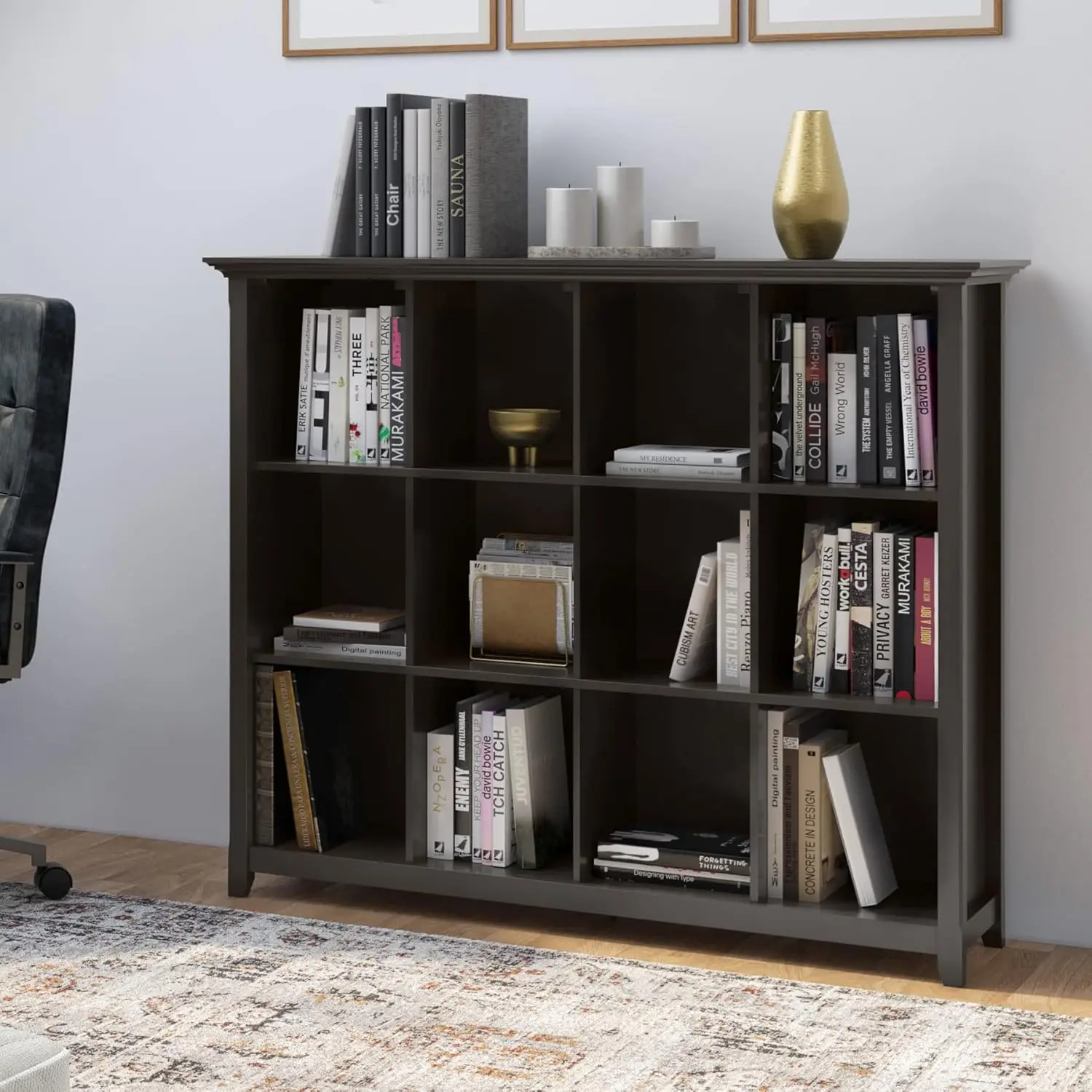 57 Inch Transitional 12 Cube Storage Bookcase in Hickory Brown, For the Living Room, Study Room an