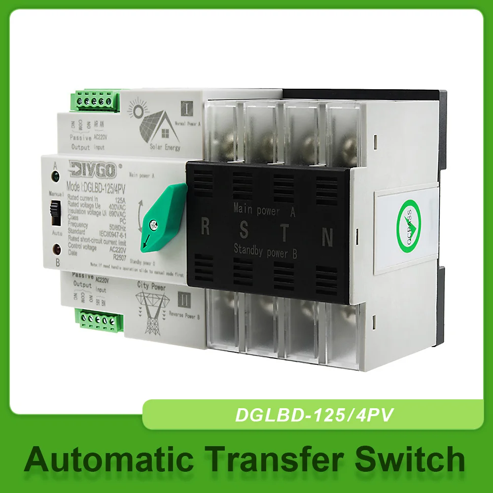 4P Din Rail Type Dual Power Automatic Transfer Selector Switches ATS For PV And Inverter 125A 110V/220V Uninterrupted Power