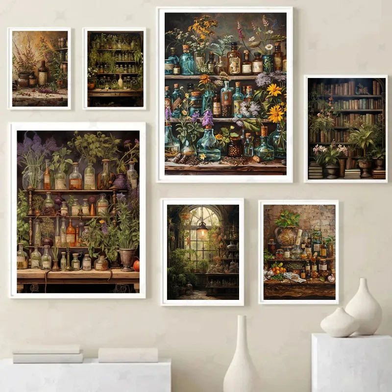 Vintage Apothecary Wizard Books Jars Herbal Plant Posters and Prints Canvas Printing Wall Art Picture for Living Room Home Decor