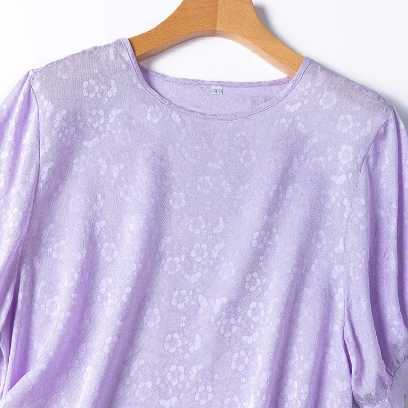 Birdtree verão 18mm 100% seda amoreira roxo camiseta, feminino jacquard lanterna manga o pescoço sólido camisa solta, 2025 novo t56017jf