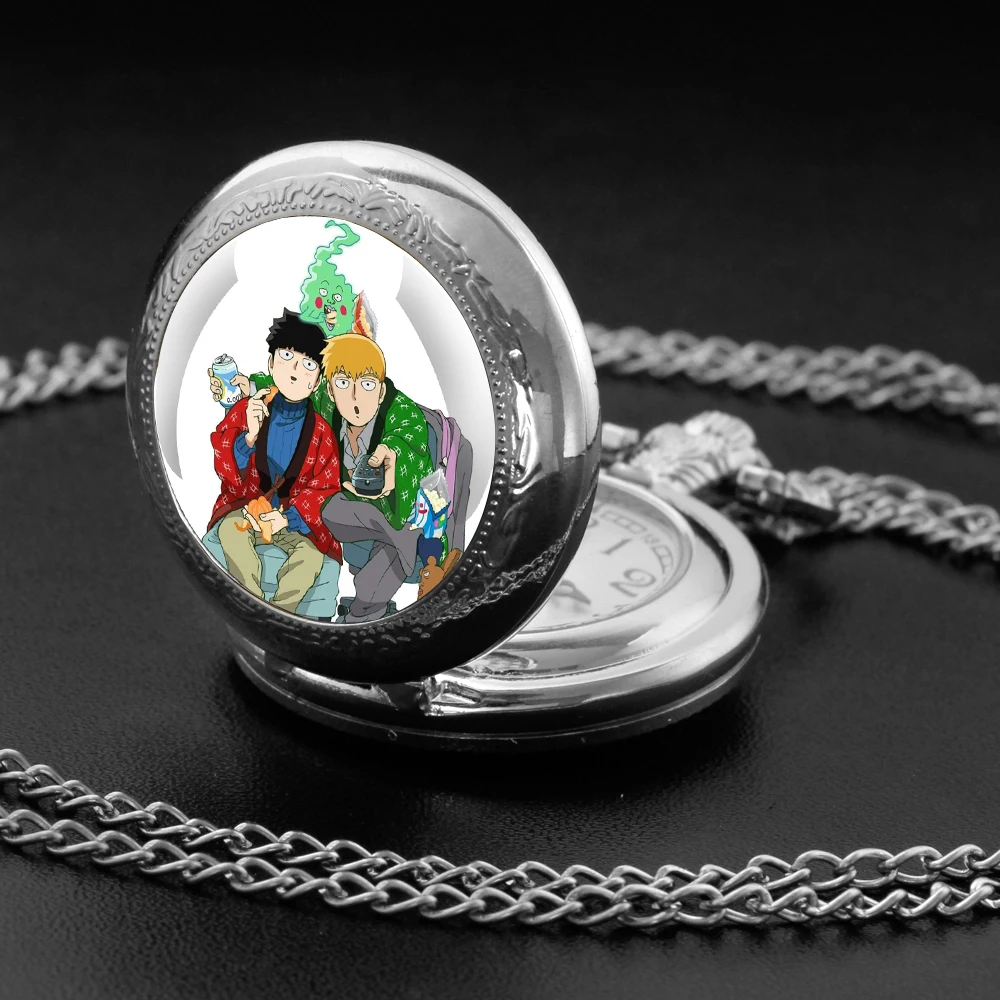 Mob Psycho 100 Design Glaskuppel Quarz Taschenuhr mit haltbarer Kette arabische Ziffer Zifferblatt für Männer und Frauen kreative Geschenke