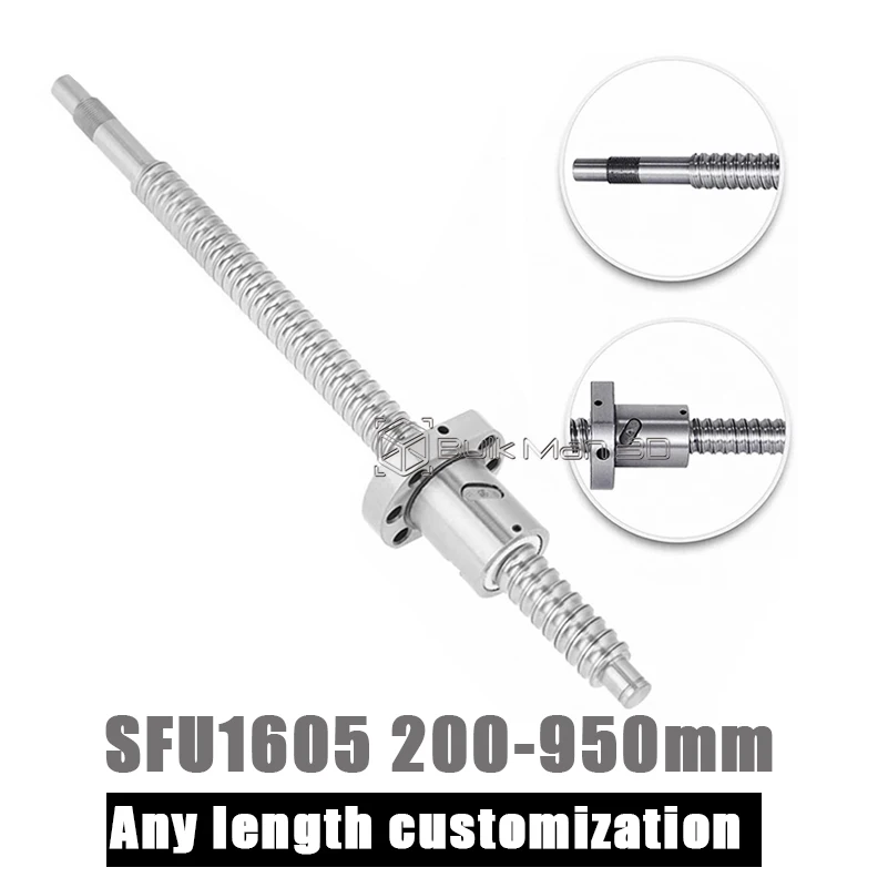 Machined SFU1605 Ball Screw Rod 200-950mm C7 Roller High Speed Quiet Transmission Ballscrew With Single Ball Nut For CNC Parts