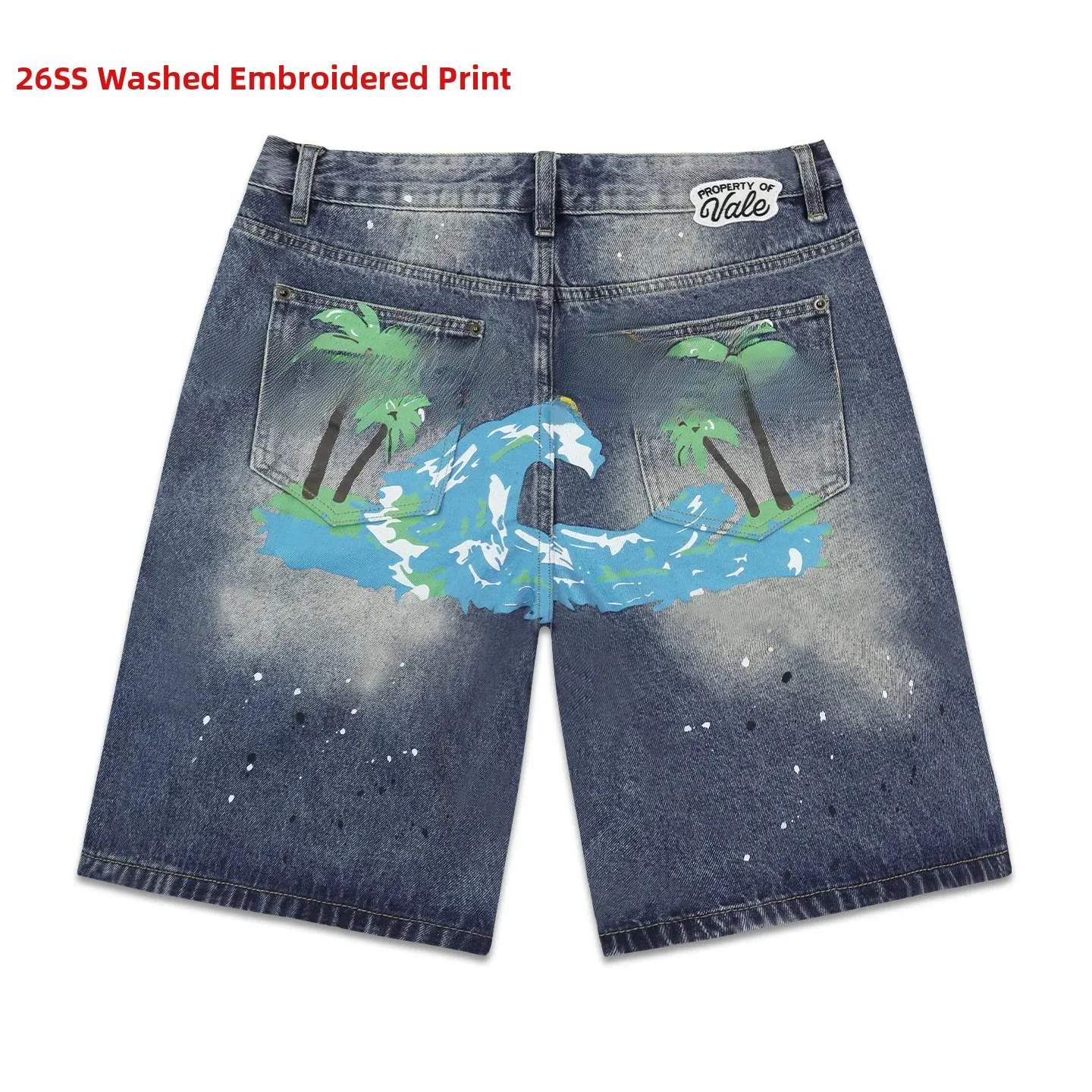 Valley Dreams Vintage Distressed Coconut Tree Wave Print Straight Leg Loose Denim Shorts Summer Wear Resistant Deformation