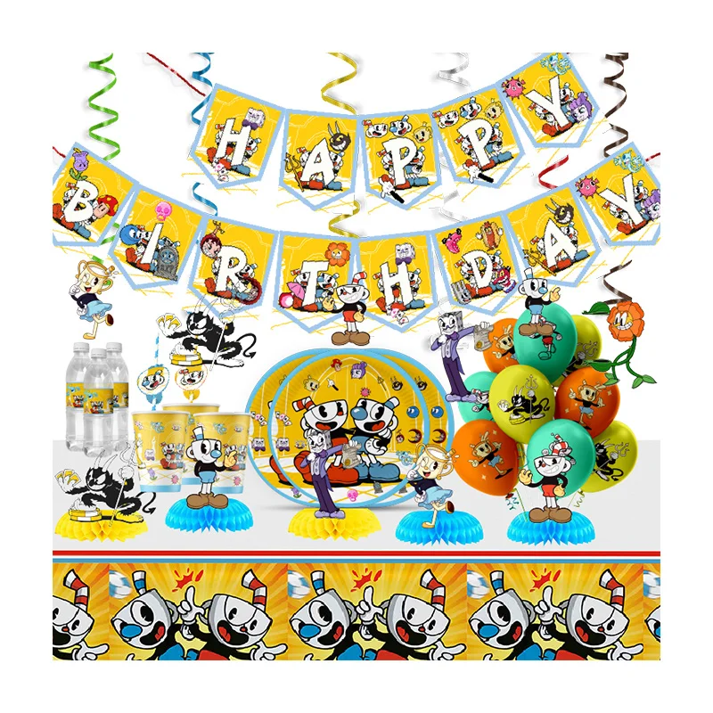 The Game Cuphead Funny surprise Birthday Decoration Party Supplies Balloon Banner Tablecloth Plate  Cake Topper Baby Shower