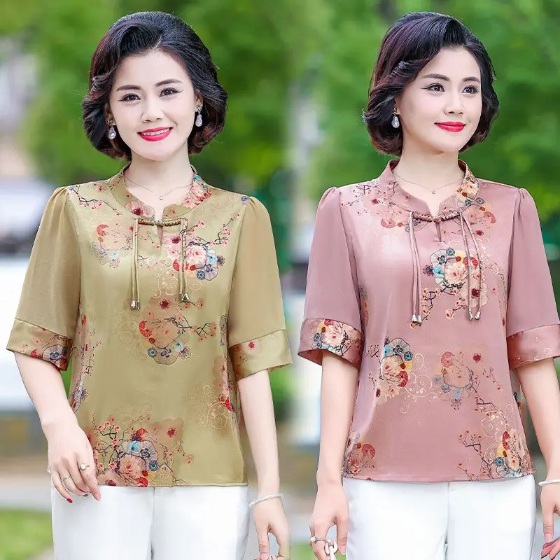 

Spring Summer Middle Aged Fashion Loose Elegant Print National Style Mid Sleeve