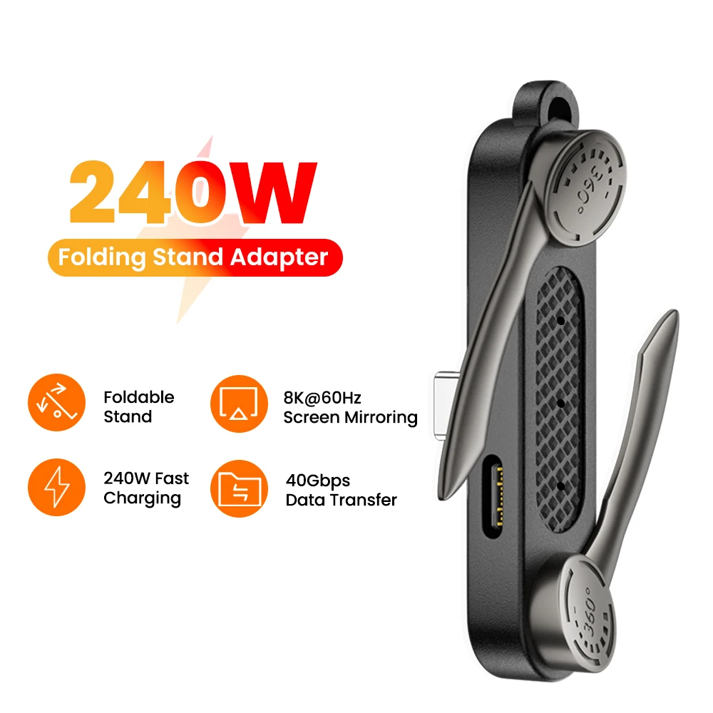 Foldable Stand USB-C Adapter 240W PD Fast Charge 40Gbps 8K@60Hz Screen Mirror 360° Rotatable Portable Type C Dongle For Gaming
