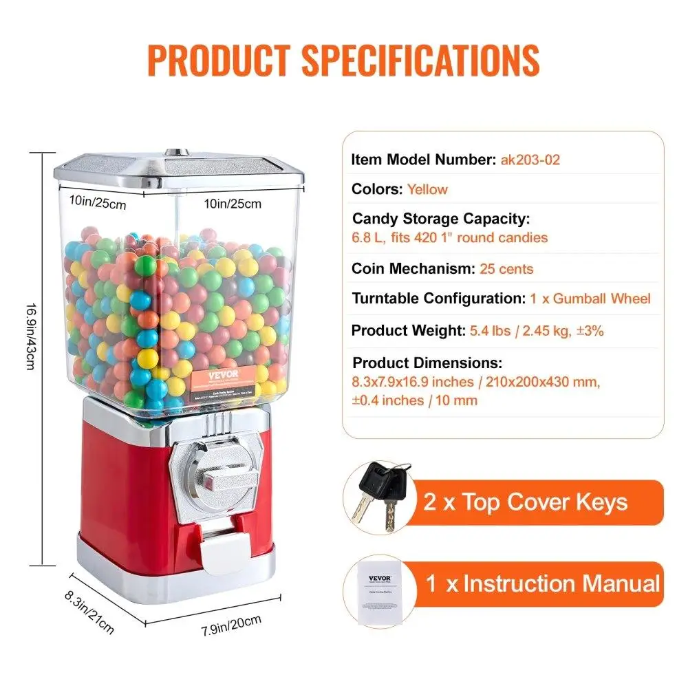 Máquina de venda automática de chicletes de 17 polegadas, banco de moedas, dispensador de doces vintage, PC vermelho