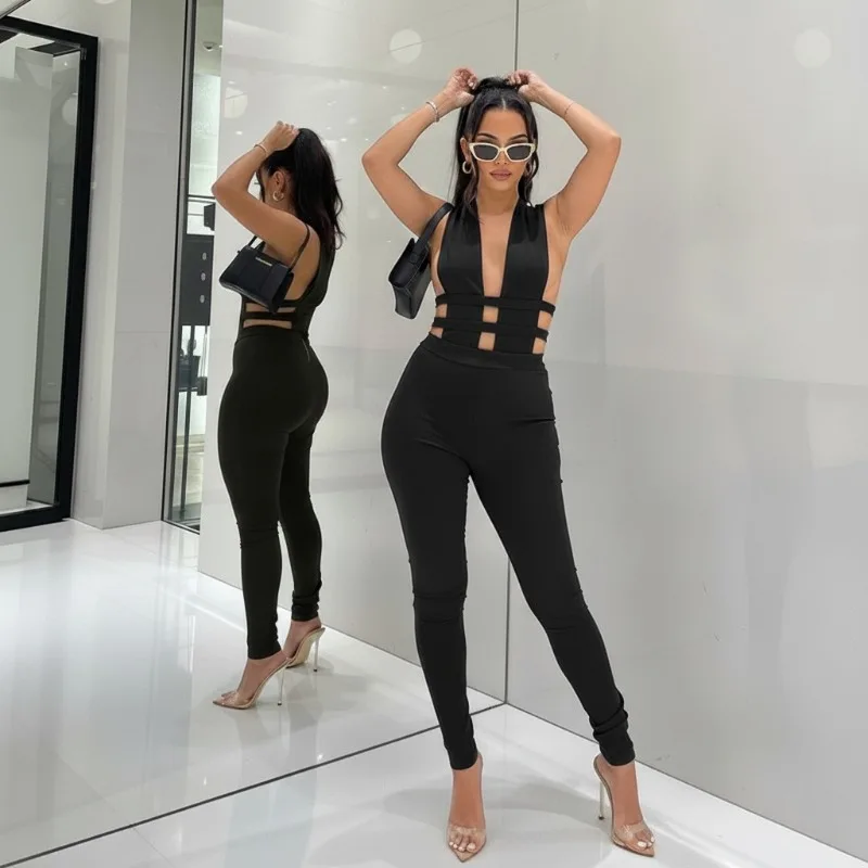 Krisnanas Black Sexy One Piece Jumpsuits for Women 2025 Hollow Out Sleeveless High Waist Simple Bodycon Jumpsuit Female Clothing