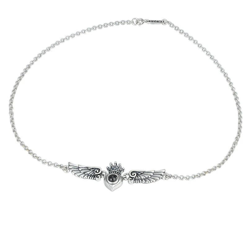 Chaîne de clavicule en argent regardé S925 pour dames, ornement micro sculpté, 100 sortes, je t'aime, ailes de couronne, collier fin, argent thaïlandais