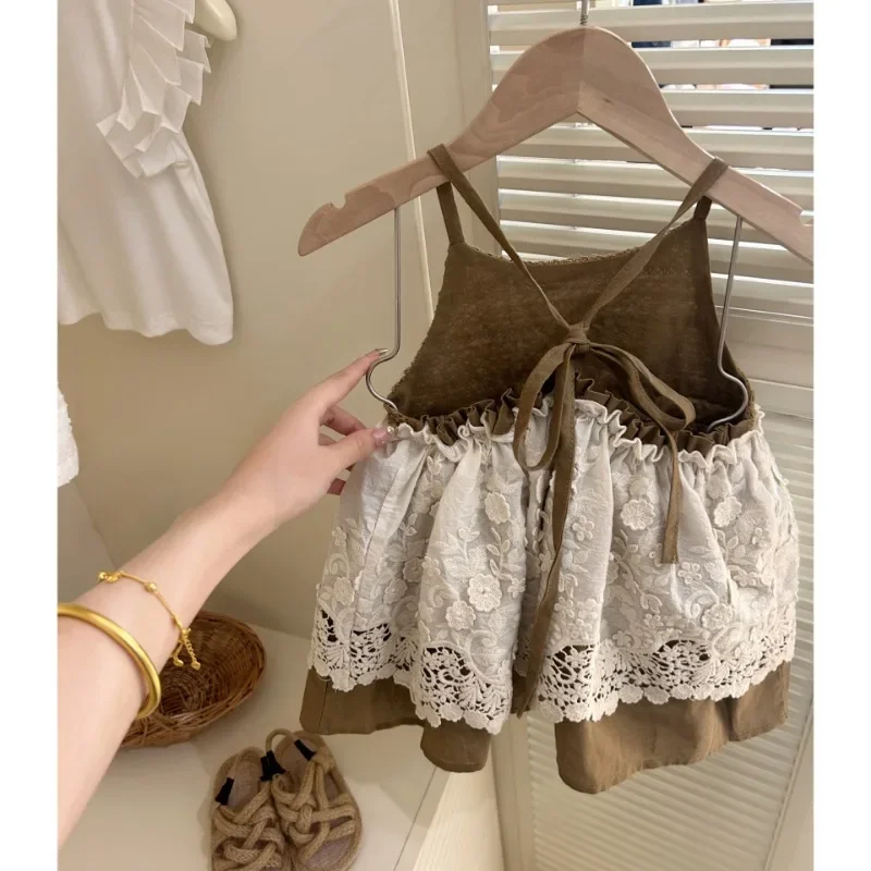 Boutique Kids Summer Clothes Baby Girls Lace Stitching Dress Toddler Lolita Slip Dress Kawaii Brown Linen Dress Cotton 1-7y