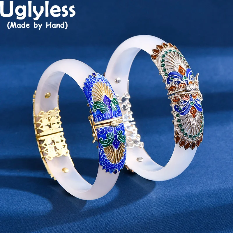 

Uglyless Ethnic Enamel Colorful Silver Bangles Women Retro Exotic Patterns Chalcedony Bangles Sandalwood Bracelets 925 Silver