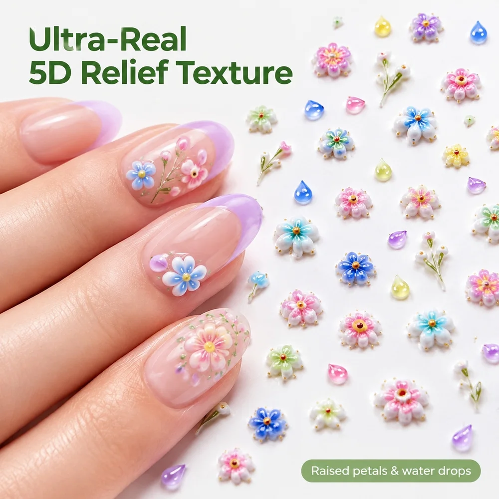 1Pc Waterproof 5D Floral Nail Stickers Sweet Multicolor Tiny Flower Water Drop Stereo Embossed Clear Base Manicure Sticker