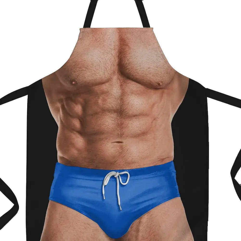 Funny Muscle Man Printed Apron Novelty Kitchen Cooking Apron BBQ Cookout Grilling Accessory Humorous Gift For Husband Dad