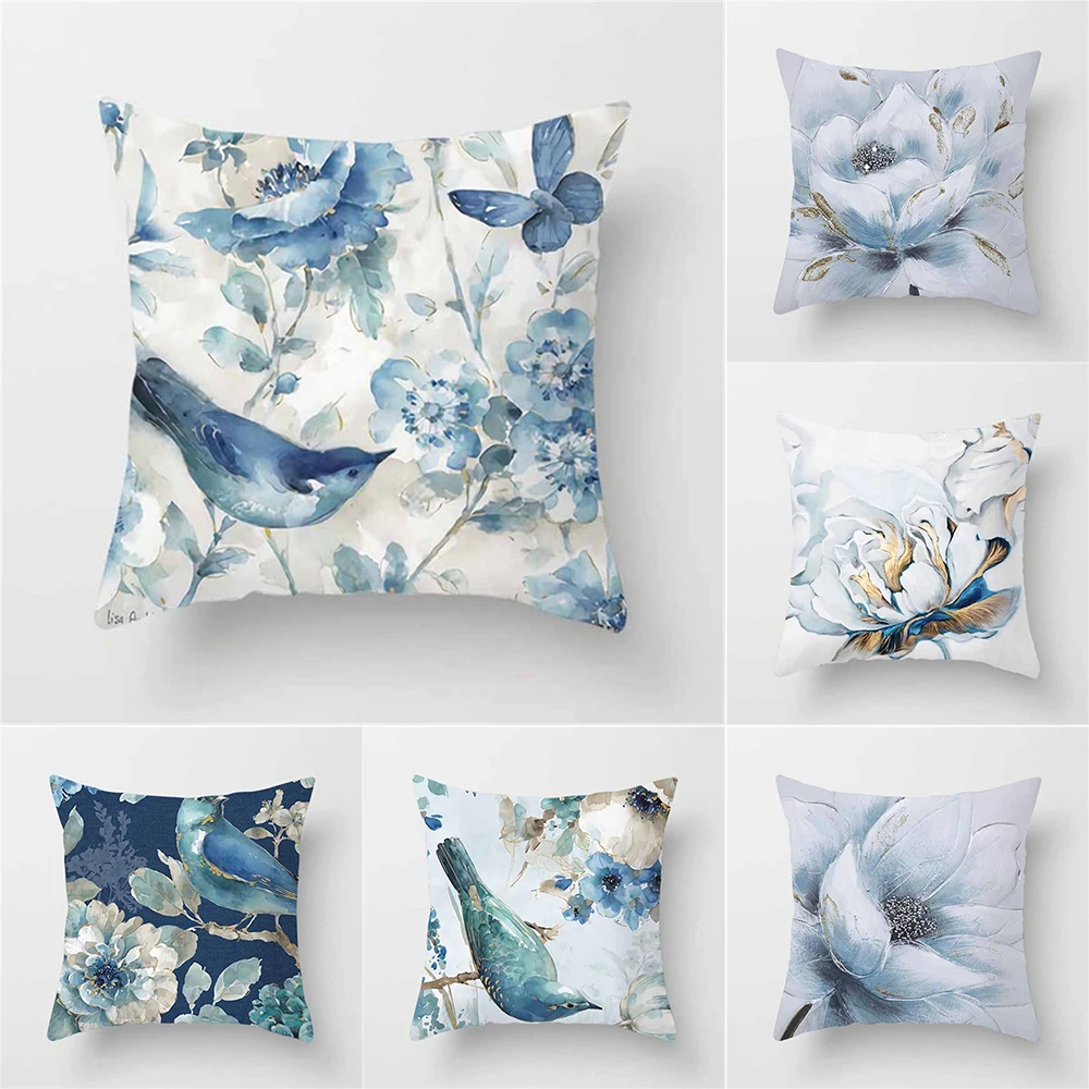 Blue Flower Watercolor Printing Pattern Floral Cushion Cover Home Living Room Sofa Decoration Square Pillow   45x45cm