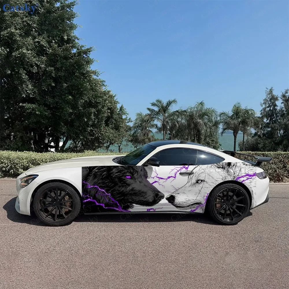 2pcs Purple Lightning Howling Wolves Car Side Wrap, Self-Adhesive PVC Waterproof & Scratch-Resistant Sticker, Car Accessory Gift