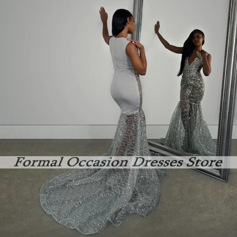 Customized Silver Prom Dresses 2025 See Through Rhinestone Party Gowns Sequin Homecoming Dress Back Girls Vestidos De Gala