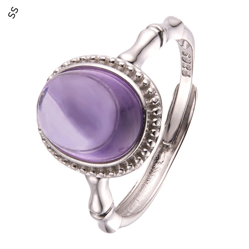 

Simple Generous S925 Sterling Silver Inlaid Natural Color Treasure Amethyst Ring with Bamboo Knot Design Fashion All-match