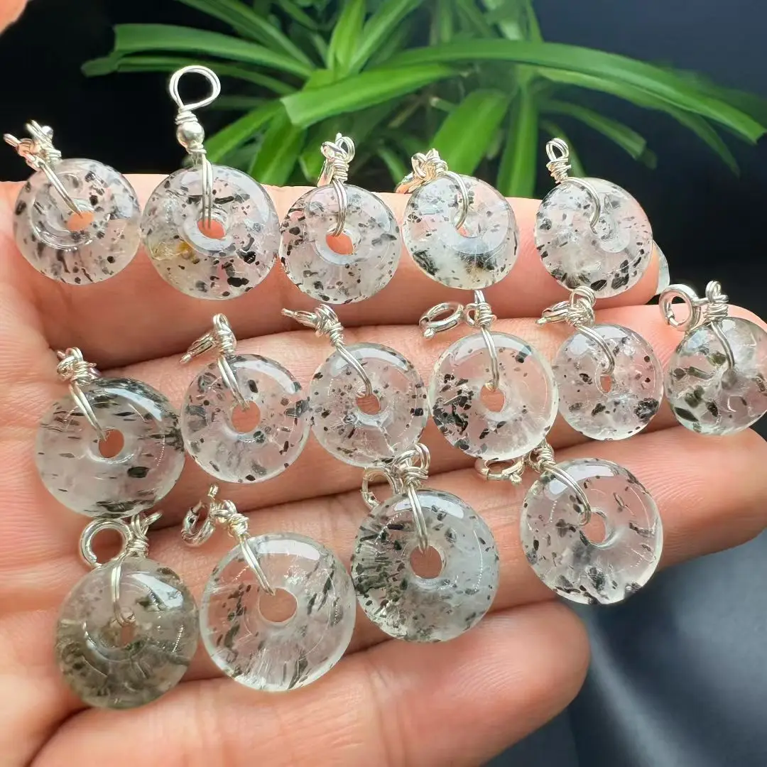 1 قطعة Fengbaowu الطبيعية Biotite الأسود الميكا دونات قلادة 925 فضة الريكي أحجار استشفاء مجوهرات هدية للرجال النساء