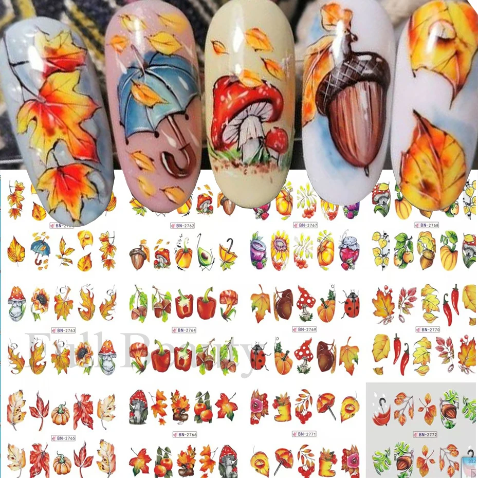 12pcs Fall Leaves Nail Art Stickers Maple leaf Animal Cartoon Water Slider Abstract Nail Decals Autumn Flowers Decor Manicure