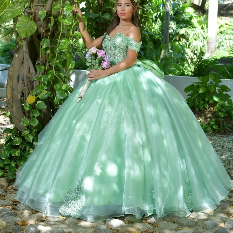 

Green Princess Sweet 16 Dress Quinceanera Dresses Applique Lace Beading Crystal Bow Tull Party Birthday Vestidos 15 De Anos