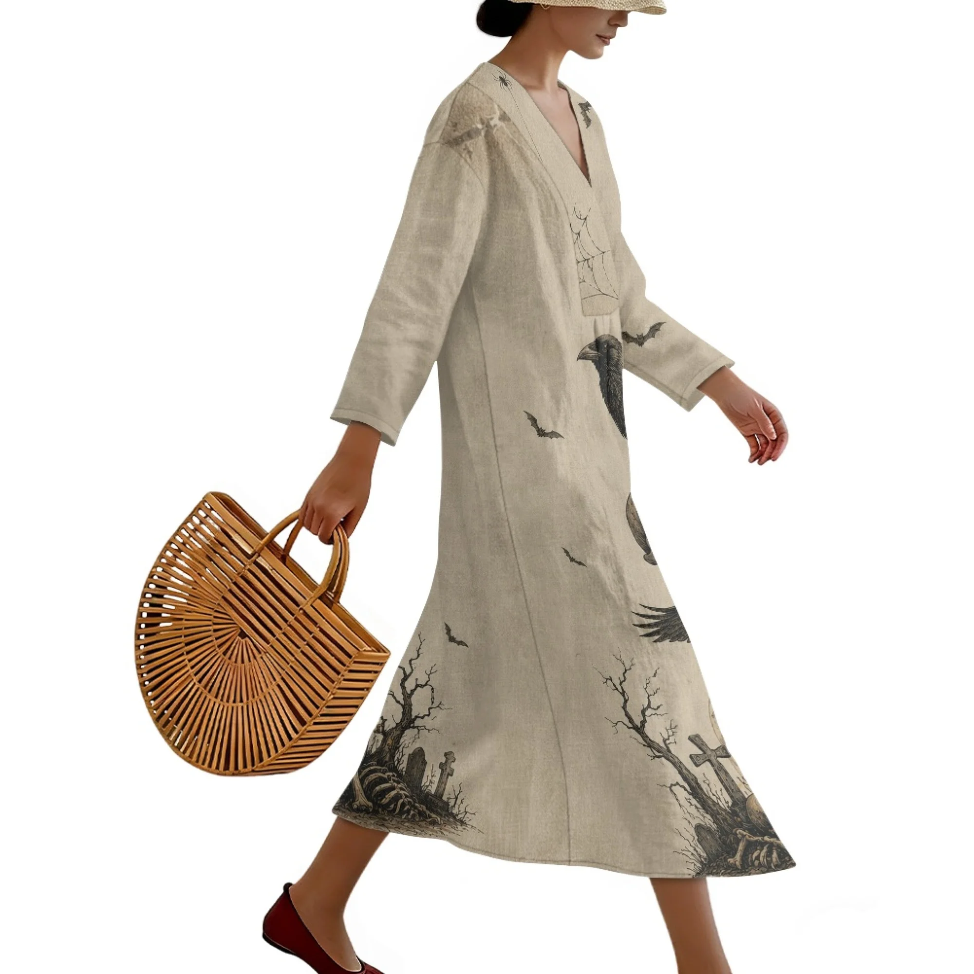 XIXIRIMIDO Damen Leinen Freizeitkleider Elegantes Halloween-Partykleid Gothische Kleidung V-Ausschnitt Übergröße Vintage-Druck Luxusmarke
