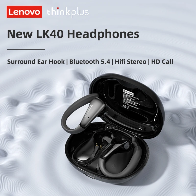 لينوفو LK40 سماعة لاسلكية تعمل بالبلوتوث 5.4 سماعات Hifi صوت سماعة ألعاب رياضية مقاومة للماء خطاف أذن HD دعوة مع سماعات ميكروفون