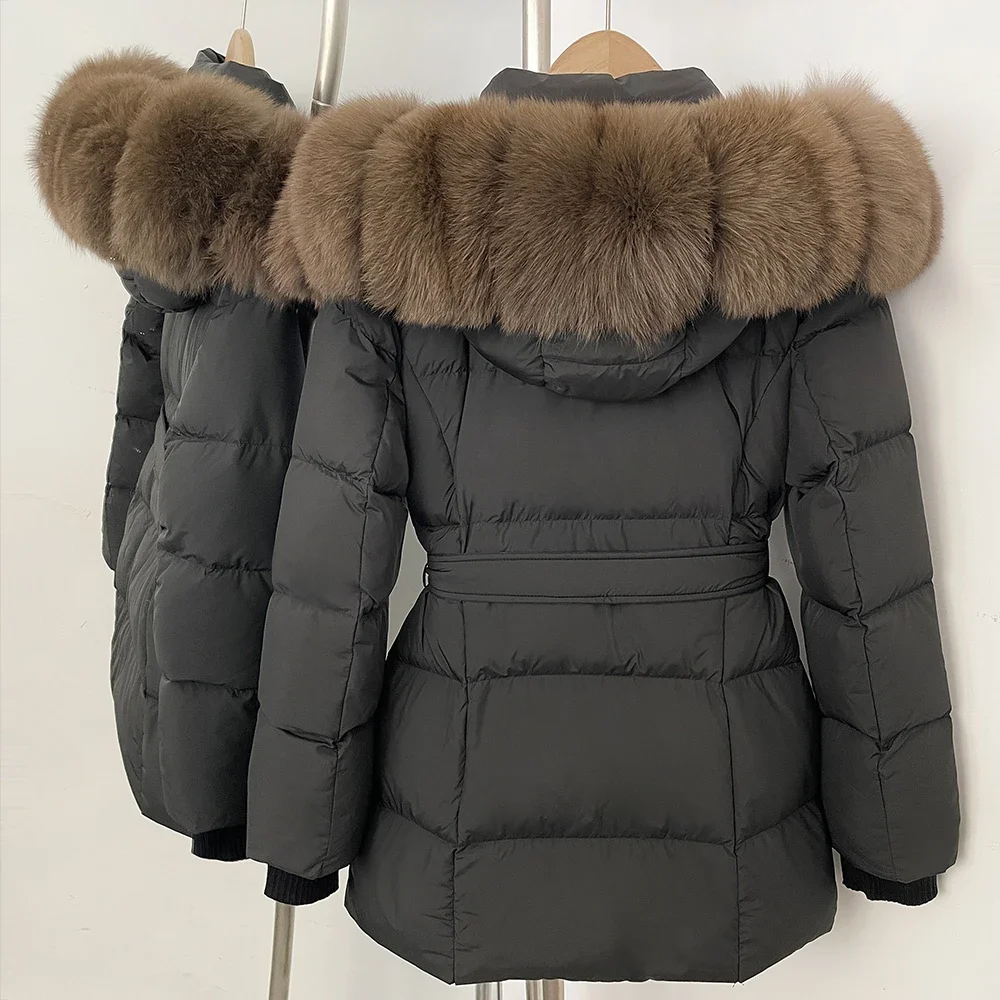 OFTBUY New Winter Real Fur Outerwear Women's Down Jacket with Real Fox Fur Belted Waist Mid-Length White Duck Down Puffer Coat