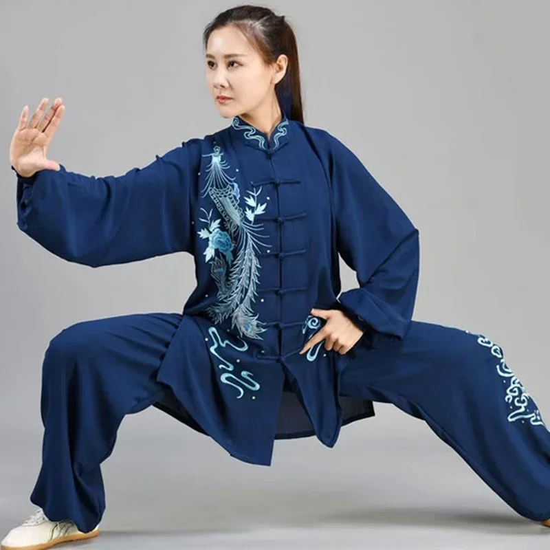 Women And Men Tai Chi Embroidery Dragon Phoenix Kung Fu Uniform Long Sleeve Wushu Clothes Loose Two Piece Suit Shirt&Pa MN8