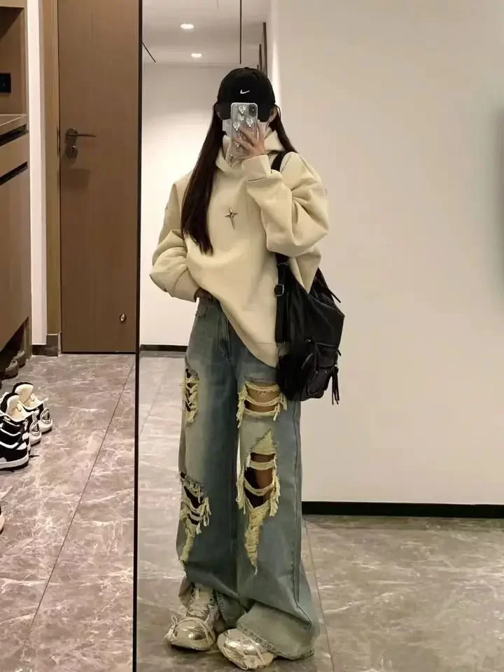 스트리트웨어 아메리칸 레트로 Y2k 찢어진 청바지 여성 하라주쿠 오버사이즈 빈티지 펑크 배기 데님 바지 일본 2000년대 트래시 팬츠