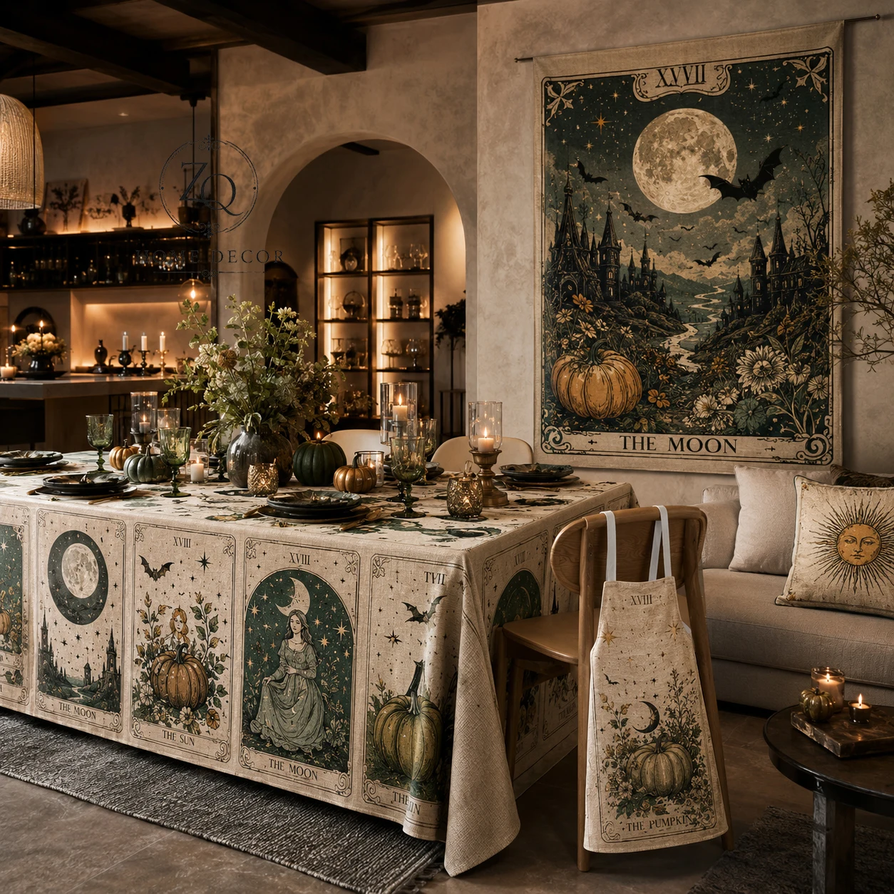 Halloween Decoration Home Tapestry Tarot Moon Tablecloth Astrology Pillowcase Sun Apron Pumpkin Boho 2D Flat Printed Linen