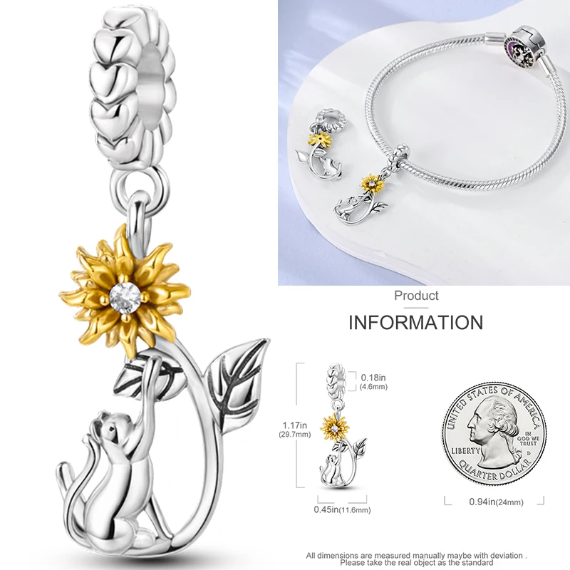 Katzen- und Sonnenblumen-Charm aus 925 Sterling Silber, gelbe Blume, Sonnenblume, Hausperlen, passend für Original-Armreifen, Damen-DIY-Schmuck – Detail 13