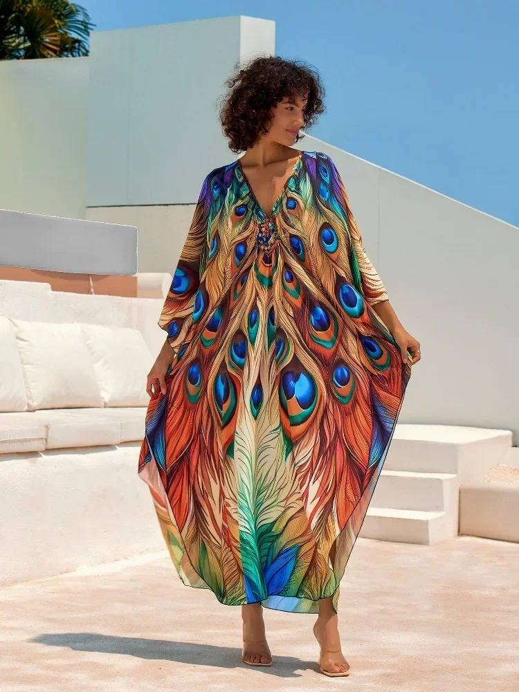 EDOLYNSA Bohemian Printed Women Kaftan Robe Butterfly Chic Vacation V-neck House Bathing Suit Cover Up Moo Moo Dresses Q1670