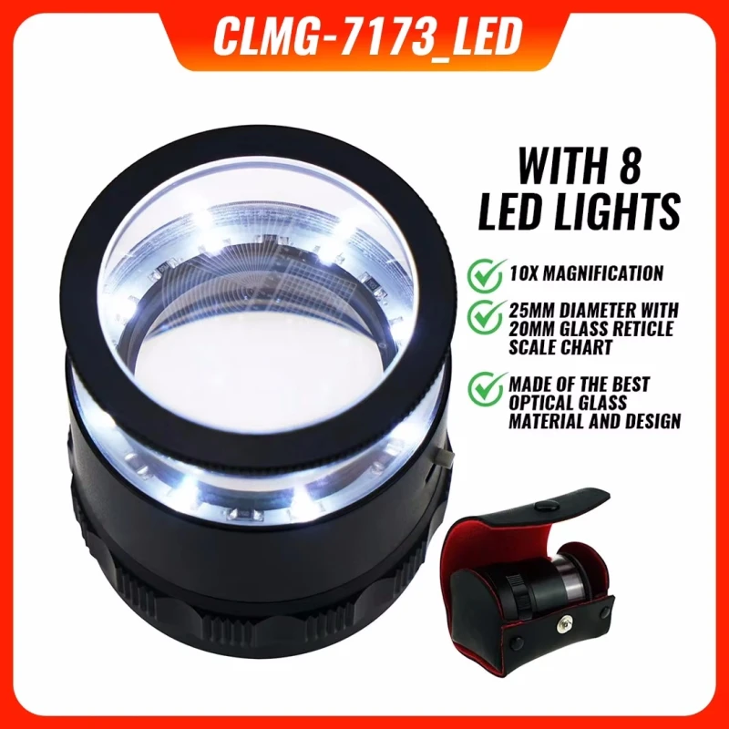 8 LED Light Scale Loupe Magnifier 10X Magnification 25mm Field Of View With 1 4 9 Interchangeable Glass Chart Magnifying Glass