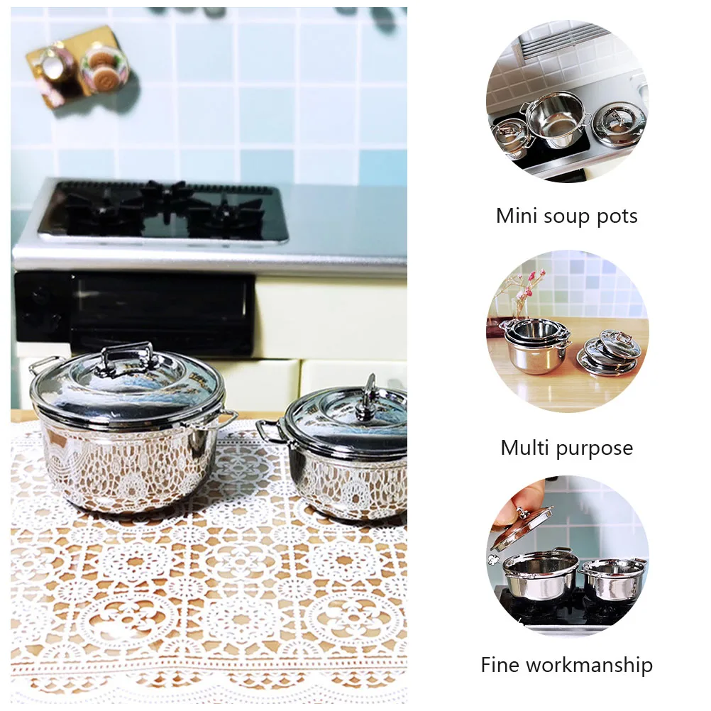 

3 Pcs Dollhouse Soup Pot Children's Kitchenware Miniature Pretend Playset Kids Boiling Cooking