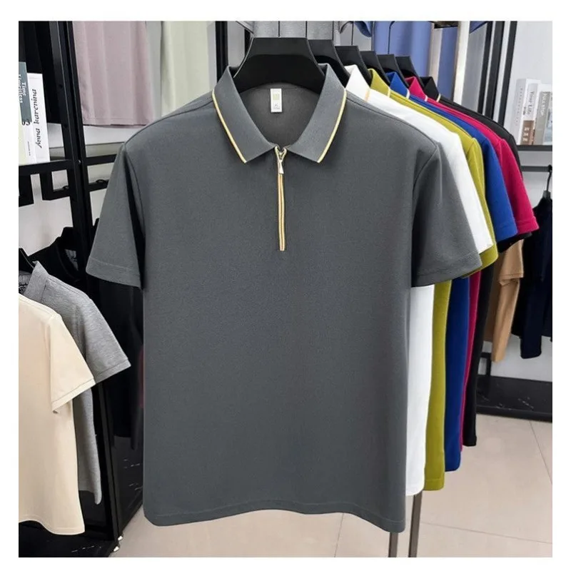 

Men's Black Polo Shirt Half-Zip Neck Contrast Piping Short-Sleeve Casual Top