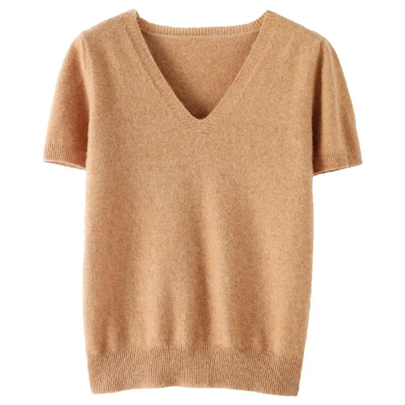 Spring Summer Women Sweater Knit Tshirts V-neck Short Sleeve Knitwears Korean Fashion Pullovers Solid Bottoming Shirt Jumper