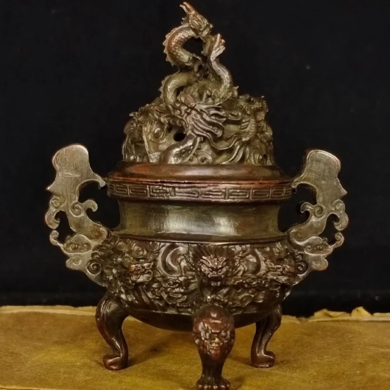 Antique Bronze Collection Retro Chinese Jiulong Tripod Kowloon Alchemy Furnace Incense Burner Tower Incense Burner Home Tea Cere