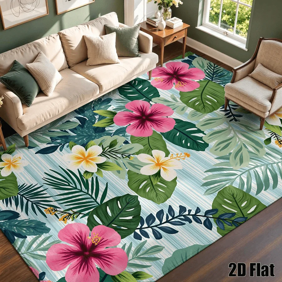 1Pc Tropical Hibiscus Floral Print Carpet, Retro Art Decorative Rug for Living Room, Bedroom, Dining Room, Bedside, Indoor and Outdoor Patio, Home Decor
