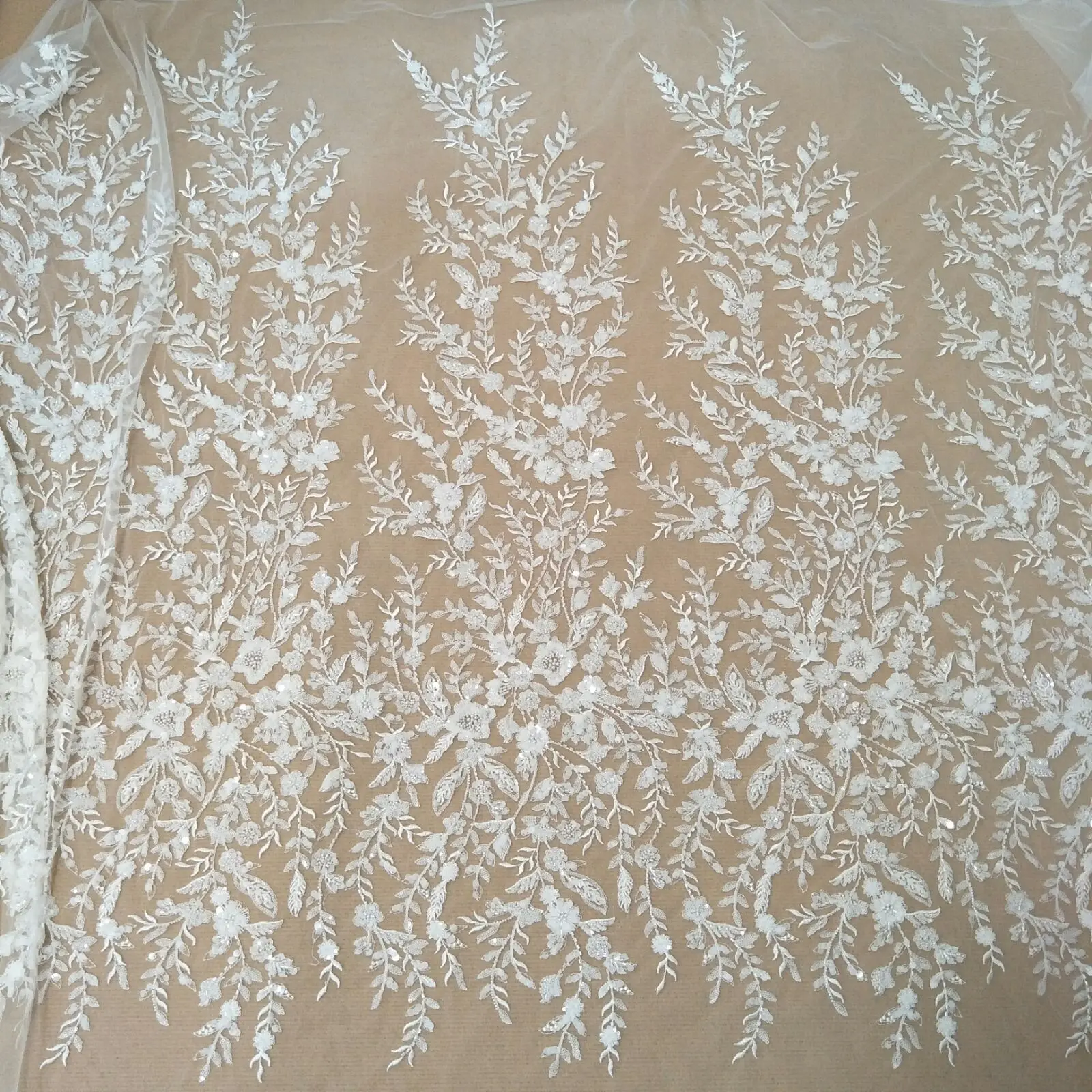 Fashion beading gown dress lace fabric 130cm width bridal lace applique sell by yard