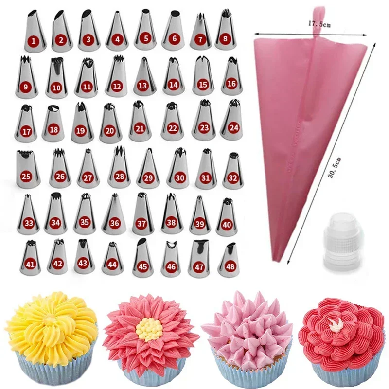 DIY Cake Decorating Tip Set Pink Silicone Pastry Bag + 48 Stainless Steel Nozzle + Converter Baking Decor Tool  For Cooking